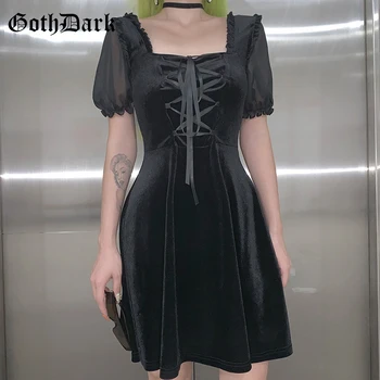 Goth Tamsiai Vintage Punk, Gothic Suknelės Moterims Harajuku Elegantiškas Rudenį 2019 Tvarstis Sluoksniuotos Rankovėmis Estetinės Plisuotos Suknelė Skaidrus