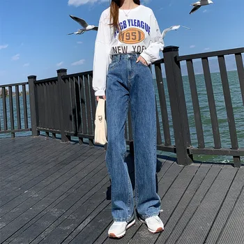 GUUZYUVIZ Straight Blue Jeans Woman Plius Dydis Džinsinio audinio Kelnės Aukštu Juosmeniu Laisvi Džinsai Atsitiktinis Pločio Kojų Džinsus Abrikosų Jean Kelnės