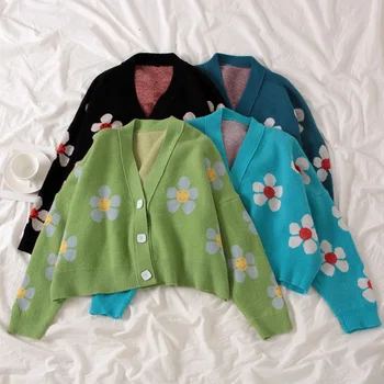 Gėlių Cardigan Moterų Megztinis 2020 Susagstomi Megztiniai Megzti Paltai Forefair Prarasti Elegantiškas Thicked Vieną Krūtinėmis Apkarpytos Megztiniai Viršų