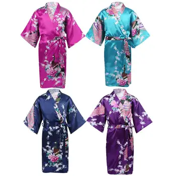 Gėlių&Povas Chalatas Kimono Vaikų Mergaičių Šilko Satino Minkštas Sleepwear Seksuali Mini Nuotaka Bridesmaid, Vestuvių Apdarą Padažu Šalis Suknelė