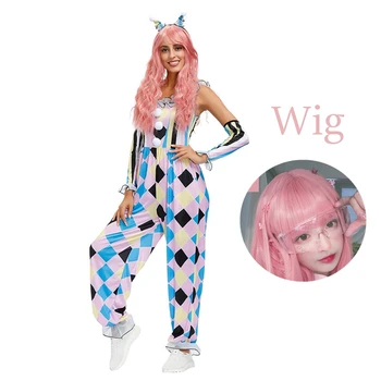 Halloween Kostiumai Moterims Klounas Cosplay Jumpsuit Pledas Spausdinti Nėrinių su galvos Apdangalai Anime Perukas Pink Plaukai Vidutinio Ilgio