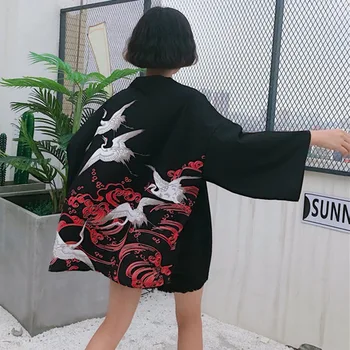 Harajuku Animacinių Filmų Spausdinti Kimono Vasarą Moterys Cardigan Priežastinis Moteriška Palaidinė Marškinėliai Prarasti Viršutinių Drabužių Siuvimas