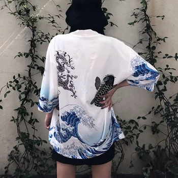 Harajuku Animacinių Filmų Spausdinti Kimono Vasarą Moterys Cardigan Priežastinis Moteriška Palaidinė Marškinėliai Prarasti Viršutinių Drabužių Siuvimas