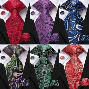 Hi-Tie 8 Stiliaus Prabangūs Paisley Kaklaraištis Nustatyti Vyrų Raudona Mėlyna Ruda šilkiniai Kaklaraiščiai, Nosinės rankogalių segtukai Nustatyti Vyrų Verslo Vestuvių Kaklaraištis Rinkinys