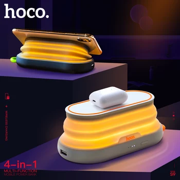 HOCO 4in1 Multi-funkcija 5000mAh QI Belaidį Kroviklį Power Bank su Nakties šviesos Telefono turėtojas Išorės Powerbank 
