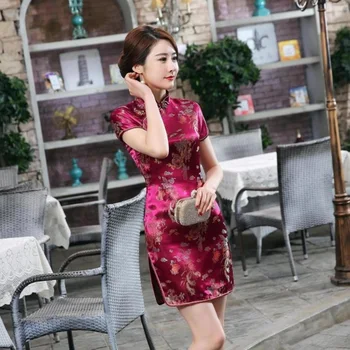 HOOYI Satino Trumpas qipao cheongsam šiuolaikinės Naujo Stiliaus kinijos tradicinių vestuvių suknelė moterims, Suknelės, Šaliai
