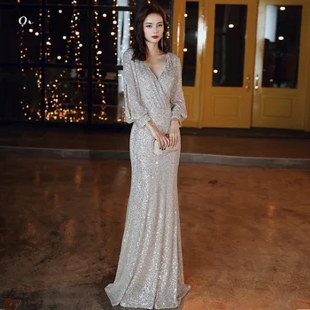 Ilgomis Rankovėmis Vakaro Suknelės 2020 Elegantiškas V-kaklo, Grindys-ilgis China Undinė Keltas Suknelės, Plius Dydis Moterų Oficialią Chalatai