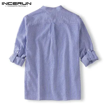 INCERUN Dryžuotas Atsitiktinis Marškinėliai Vyrams, ilgomis Rankovėmis Stovėti Apykaklės Streetwear Palaidinė Mados Kišenės Laisvalaikio Camisa Masculina S-5XL 2021