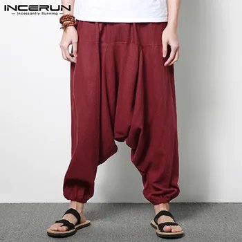 INCERUN Vyrų Haremas Kelnės Medvilnė Streetwear Poilsiu Kietosios Spalvos Kelnės Nepalas Drop-tarpkojo Kelnės Vyrams Prarasti Ilgai Pants Plus Size