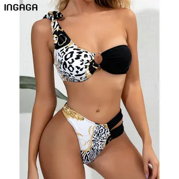 INGAGA 2021 Bikini, maudymosi Kostiumėliai Moterims, Vieną Petį Maudymosi Push Up Maudymosi Kostiumai Leopard Sujungimas Biquini Bikini Komplektas Paplūdimio