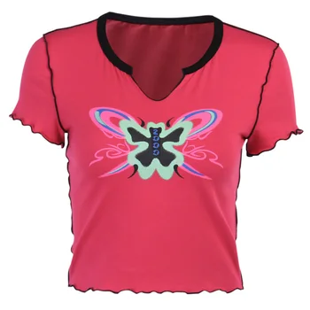 InstaHot moterų marškinėliai pasėlių viršų trumpomis rankovėmis vasaros drugelis spausdinti streetwear kratinys rausvos spalvos marškinėliai 2020 atsitiktinis v-kaklo tee viršų