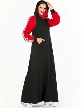 Islamo Drabužių Artimųjų Rytų Dryžuotas Bėgiojimas Ilga Suknelė Sporto Šakų Darbo Drabužiai Šoninių Kišenių Musulmonų Gobtuvu Tracksuit Maxi Suknelė Moterims