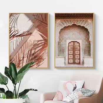 Islamo Musulmonų Religijos Drobės Tapybos Augalų Lapai Sienos Menas Spausdinti Marokas Durų Architektūros Nuotrauką Derliaus Plakatas Namų Dekoro