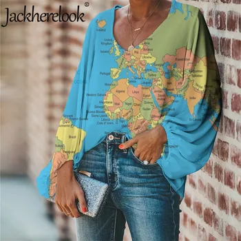 Jackherelook Harajuku Palaidinė Moterų Pasaulio Žemėlapis, 3D Spausdinimas Seksualus V-kaklo Ponios Topai Marškinėliai Vasaros Blusas Mujer de Moda 2020 m.