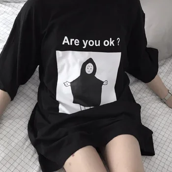 Japonijos Harajuku jums Yra gerai? Atsitiktinis Korėja mados laisvi O-kaklo viršūnes tees mielas animacinių filmų black T-shirt moterų Pusė rankovėmis T-shirt