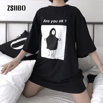 Japonijos Harajuku jums Yra gerai? Atsitiktinis Korėja mados laisvi O-kaklo viršūnes tees mielas animacinių filmų black T-shirt moterų Pusė rankovėmis T-shirt
