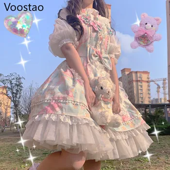Japonijos Saldus Mielas Jsk Lolita Dress Moterų Derliaus Viktorijos Gotika Animacinių Filmų Angelas Kiaulių Lankas Nėrinių Princesė Kawaii Berankovis Suknelė