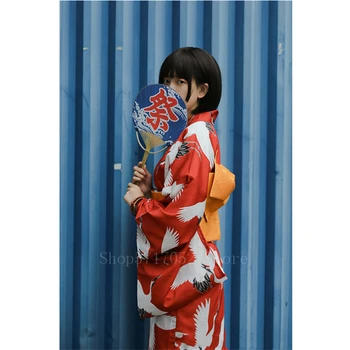 Japonų Kimono Tradicinių Krano Derliaus Ilgomis Rankovėmis Yukata Suknelė Moteris Geiša Cosplay Kostiumų Chalatas Harori Azijos Drabužiai