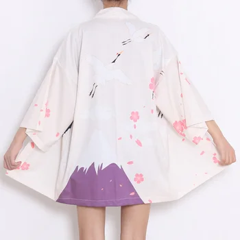 Japonų Stiliaus Kimono Vyšnių Krano Spausdinti Moterų Megztinis Atsitiktinis Marškinėliai Yukata Merginos Haori Kimono Samurajus Tradicinių Azijos Drabužiai