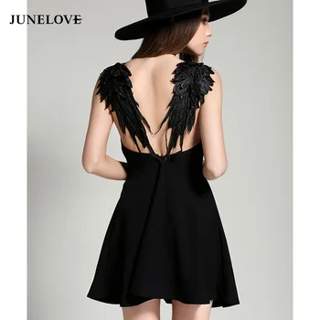 JuneLove 2019 m. pavasarį moterų sexy nėrinių backless linijos mini suknelė spageti diržas v-kaklo aukštos juosmens suknelė angelo sparnu slim suknelė