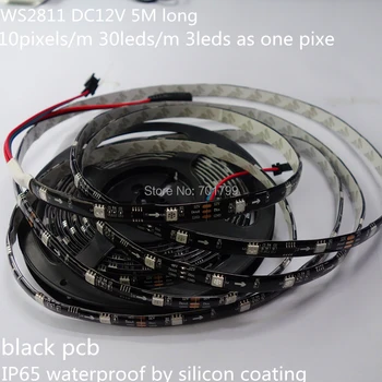 JUODA PCB 5m DC12V 30leds/m 10vnt ws2811 ic/metre(10pixels) skaitmeninis led juostelės;IP65;atsparus vandeniui ir silicio danga