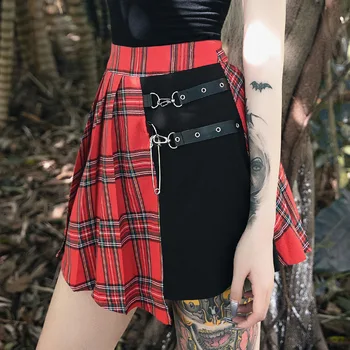 Juodas Raudonas Pledas Goth Moterų Nereguliarus Plisuotas Sijonas 2020 Lady Dark Lolita Imperijos Kratinys Sagtis Gothic Punk Hipster Miniskirt