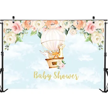 Karšto Oro Balionas Nuotykių Mergina Baby Shower Fotografijos Fone Akvarelė Gėlės, Tortas, Stalo Dekoras Reklama Photo Booth Rekvizitai