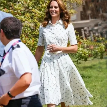 Kate Middleton Mados 2021 M. Vasarą Moterys Naujas Elegantiškas Atsitiktinis Šalies Gentlewoman Trumpas Rankovės Atvartas Marškinėliai Suknelė