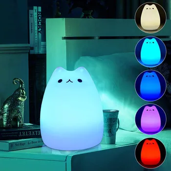 Katė Formos LED USB Vaikų Gyvūnų Naktį Šviesos Silikono Minkštas Animacinių filmų Kūdikio Lopšelį Lempos Kvėpavimo LED Šviesos Naktį
