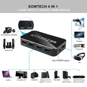 KEBIDU 4 in 1 out HDMI suderinamus Switcher 4K UHD 2.0 Splitter Jungiklis Audio Extractor Su LANKU HDCP 2.2 1080P už PS4 pro DVD