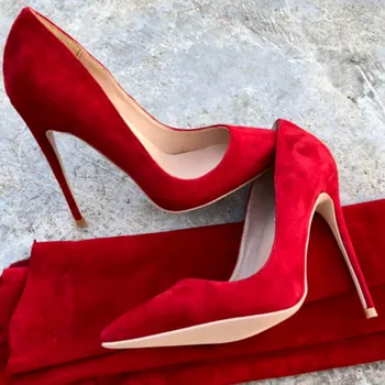 Keshangjia 12cm adatos (Stiletai) Moterų Nurodė, Kojų Raudoni Zomšiniai Aukštakulniai Siurblys vestuvių batai nuotaka Dydis 35-44
