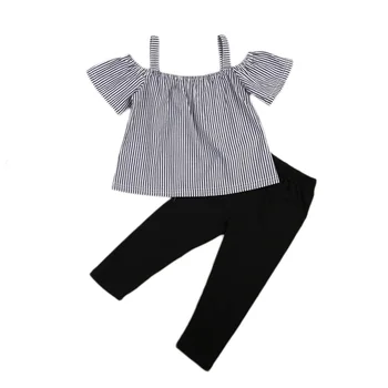 Kid Baby Girl Off Peties Viršūnės Marškinėliai Dryžuotas Spausdinti +Juodos Kelnes 2vnt Komplektus Vaikas Kasdieniai Drabužiai