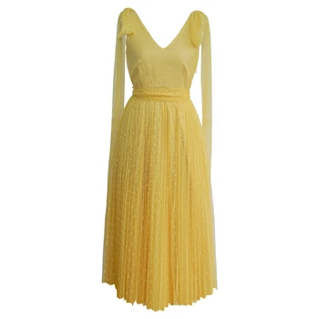 Kilimo ir tūpimo tako Dizaineris Suknelė 2020 Metų Vasaros Aukštos Kokybės Elegantiškas Lankas V-kaklo, Akių Plisuotos Midi Suknelė Moteris