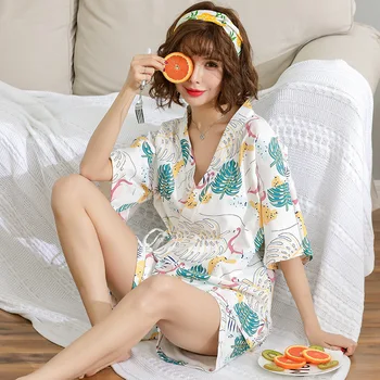 Kimono Moterų PyjamasSummer Medvilnės, trumpomis Rankovėmis, Dviejų dalių Japonijos Seksualių Merginų Pižama Nustatyti Atidaryti Marškinėliai, Namų Kostiumai Sleepwear