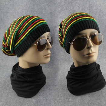 KLV Naujas Stilingas, Bob Marley Reggae Skrybėlę Jamaikos Pom Kumpinti Baggy Stripe Beanie Kraštų Medvilnės Žiemą Šilčiau Skydelis Juostele Bžūp