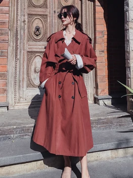 Kokybės Prekės Moterų Tranšėjos Paltai Raudonas Chaki Dvigubo Breasted Platus-waisted Negabaritinių Kailis Office Lady Pavasarį, Rudenį Viršutiniai drabužiai 2020 m.