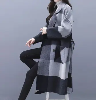 Kontrastas pledas vilnonis kailis moterų 2020 m. rudenį, žiemą šiltas vėjo ilgas paltas plius dydis tranšėjos paltai kostiumas apykaklės casaco viršų