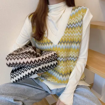 Korėjos Laisvas Megztinis V-kaklo Retro Moterų Dryžuotas Megztinis Liemenė 2020 Naujų Rudens Derliaus Bf Rankovių Moterų Atsitiktinis Megztinis