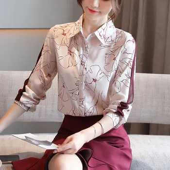 Korėjos Office ilgomis Rankovėmis Marškinėliai Moterims POLO Apykakle Šifono Palaidinė Spausdinti Marškiniai Cardigan Blusas Mujer De Moda 2021 Viršūnes 10841