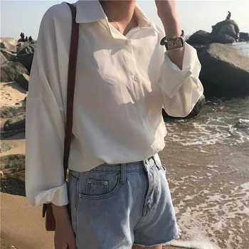 Korėjos Single-Breasted ilgomis Rankovėmis moteriški Marškinėliai Kieto Elegantiškas Atsitiktinis Palaidų Moterų Marškinėliai 2020 M. Pavasario Vasaros Ponios Viršų Drabužiai