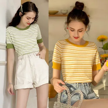 Korėjos Stiliaus Marškinėliai Moterų Atsitiktinis O Kaklo Dryžuotas Marškinėlius trumpomis Rankovėmis, Plonas Megztas T-Shirt Moterims Viršų