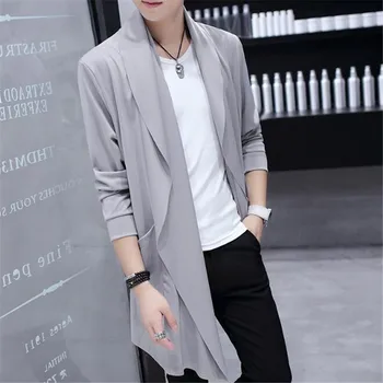 Korėjos Vyrų vidutinio ilgio Trench Stiliaus Švarkelis Ultra Plonas Didelės Iškirptės Mados Slim Outwear Apsiaustas nuo Saulės&Vėjo Paltas