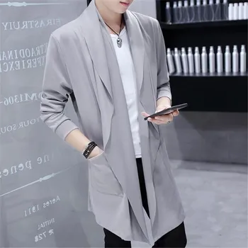 Korėjos Vyrų vidutinio ilgio Trench Stiliaus Švarkelis Ultra Plonas Didelės Iškirptės Mados Slim Outwear Apsiaustas nuo Saulės&Vėjo Paltas