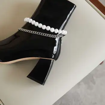 Krazing puodą jojimo batai grandines pearl duobute dekoracijas, storas, aukštas kulnas aikštėje kojų užtrauktukas brandus naktinis klubas kelio ilgi batai L80