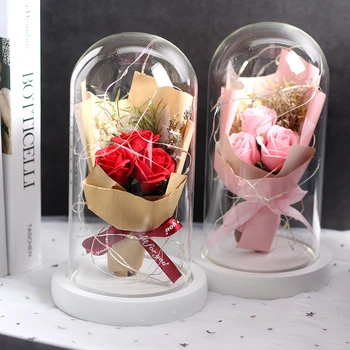 Krūva Raudona Rožė, Dirbtinės gėlės, Stiklinis Kupolas ant Balto Pagrindo Namų Puošybai Valentino Dovanos motinos diena dovana