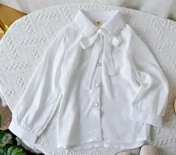 Kūdikių Mergaitės Baltos Palaidinės duobute Marškinėliai Rudens Mados ilgomis Rankovėmis Turn-žemyn Apykaklės Bamblys Viršūnės Vaikai