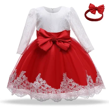 Kūdikių Mergaitės, ilgomis Rankovėmis Suknelę Žiemos Naujagimių Krikšto Suknelė Raudona Kalėdų Kostiumas 1-asis 2-asis Gimtadienis Nėrinių Princesė Suknelė