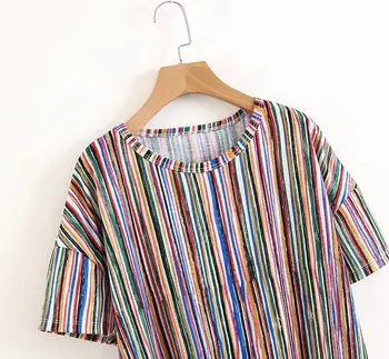 Lanbaiyijia Naujausias spalvų dryžuotas marškinėliai Moterims Marškinėliai trumpomis Rankovėmis O-kaklo Prarasti Atsitiktinis marškinėliai prielajų tees Moterų Vasaros marškinėliai