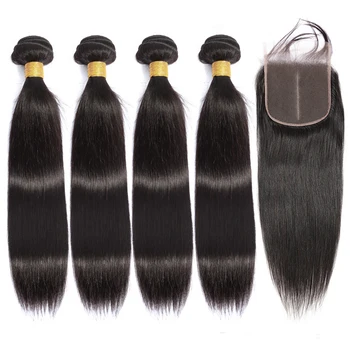 Lanqi Brazilijos plaukų pynimas ryšulių tiesūs plaukai ryšulius su uždarymo žmogaus plaukų ryšulius su uždarymo ne remy plaukų priauginimas
