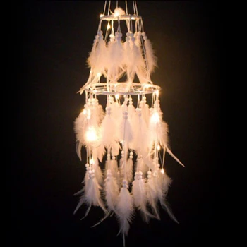LED Šviesos Dreamcatcher dviaukščių Namų Vestuvių Dekoravimas Šalis Dovana Dromenvanger Derliaus Vėjo Varpeliais, Balta Plunksna